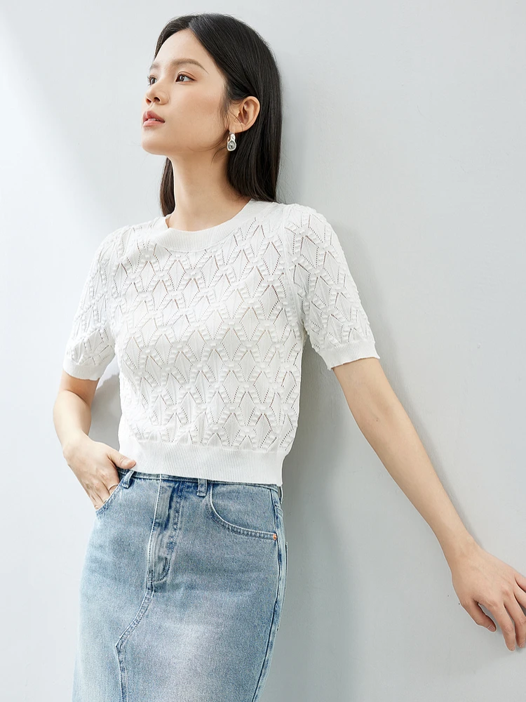 

SENTUBILA Argyle Hollow Out Cropped Knitted Pullovers 2024 Summer White Round Neck Short Sleeve Knit Tops For Women W42H54382