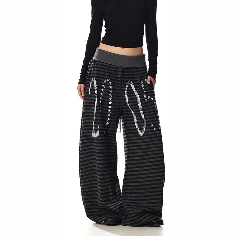 Vintage Striped Wide Leg Pants Women American Spliced Waistband Casual Sweatpants Autumn Numbers Stars Print Retro Loose Trouser