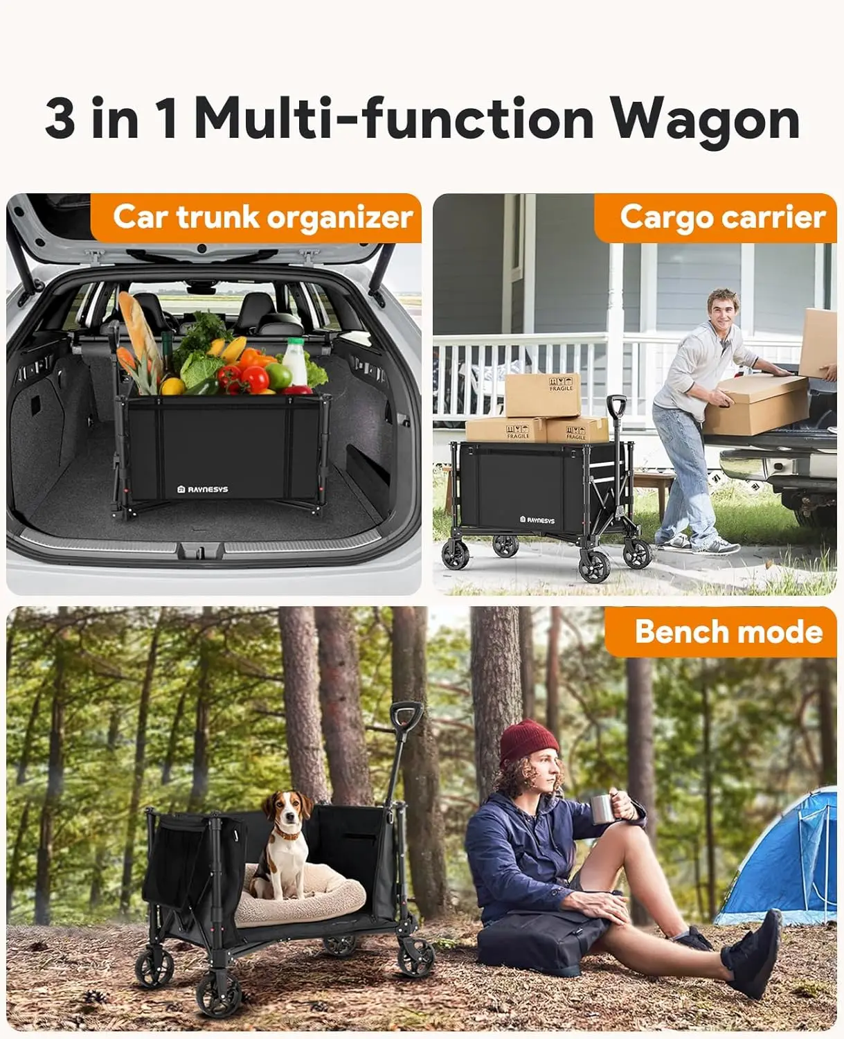 3 in 1 Collapsible Wagon Converts to Bench, 220lbs Foldable Wagon Cart with Wheels, 120L Shopping Cart for Groceries Folding