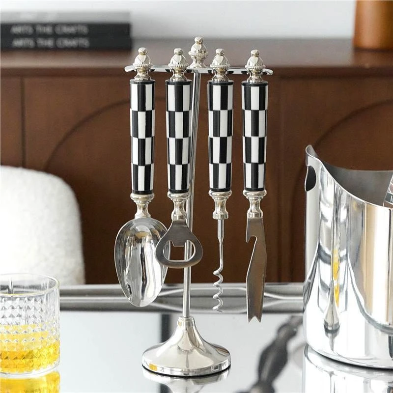 Black and white grid beef bone stainless steel wine set combination set, red wine bottle opener, high-end multi-functional