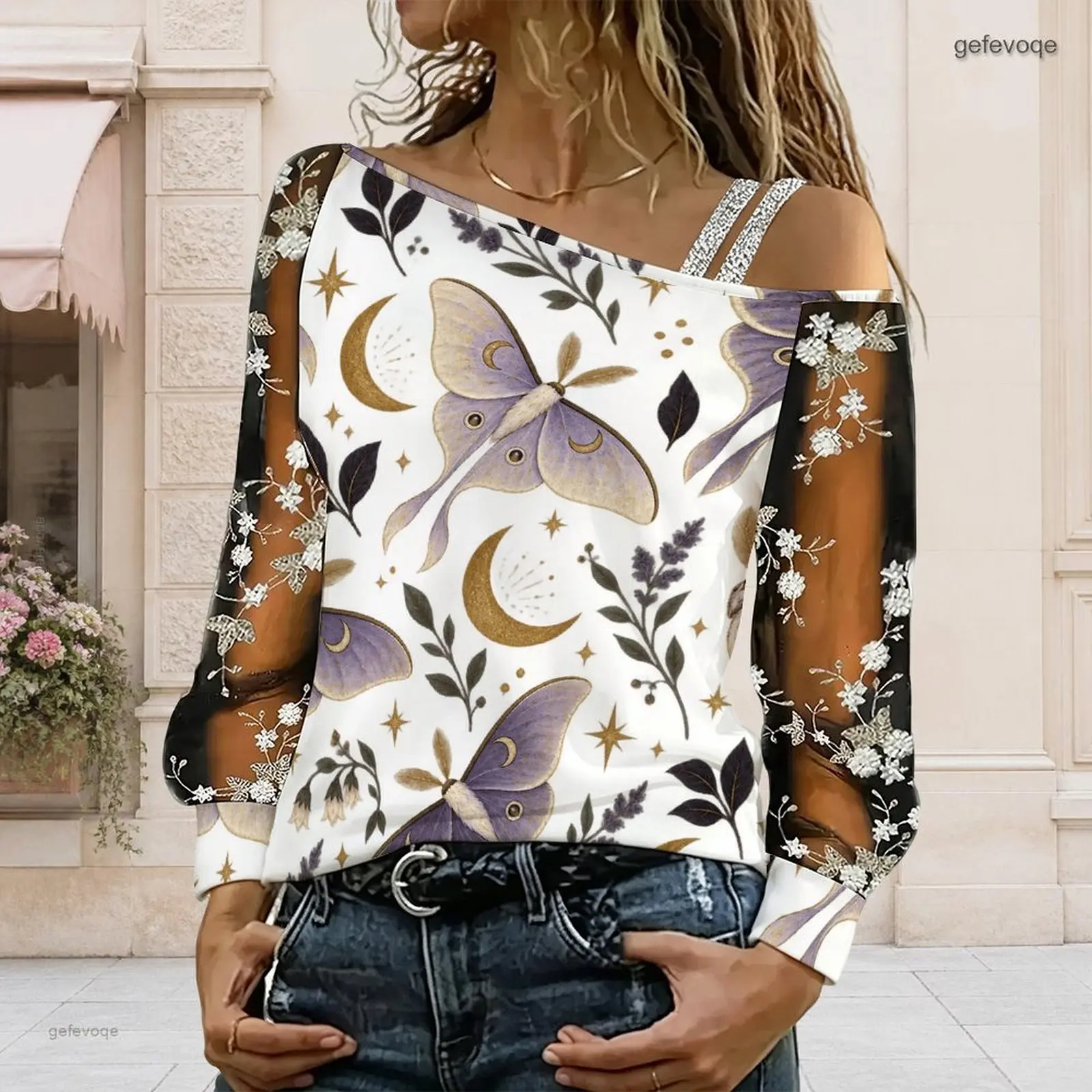 Women Asymmetric Cold Shoulder Long Sleeve Top Printed Potion Bottle Mushroom Moon Floral Pattern