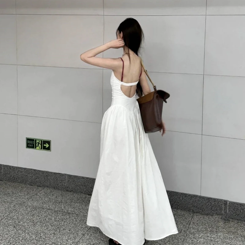 HOUZHOU Sexy Backless Casual Woman Dresses White Long Sleeveless Dress Elegant Chinese Style Vintage Streetwear Chic Fashion