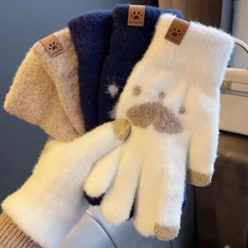 Mode Katze Pfote Druck handschuhe Handy Touchscreen Strick handschuhe Winter dicke & warme Erwachsene weiche flauschige Handschuhe Männer Frauen