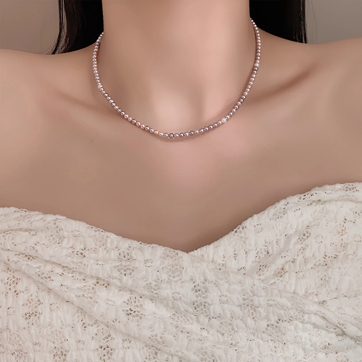 3-4mm Natural Freshwater Pearl Necklace, Women's Nearly Round Candy Mixed Color, High Quality Light Luxury Accessory Gift