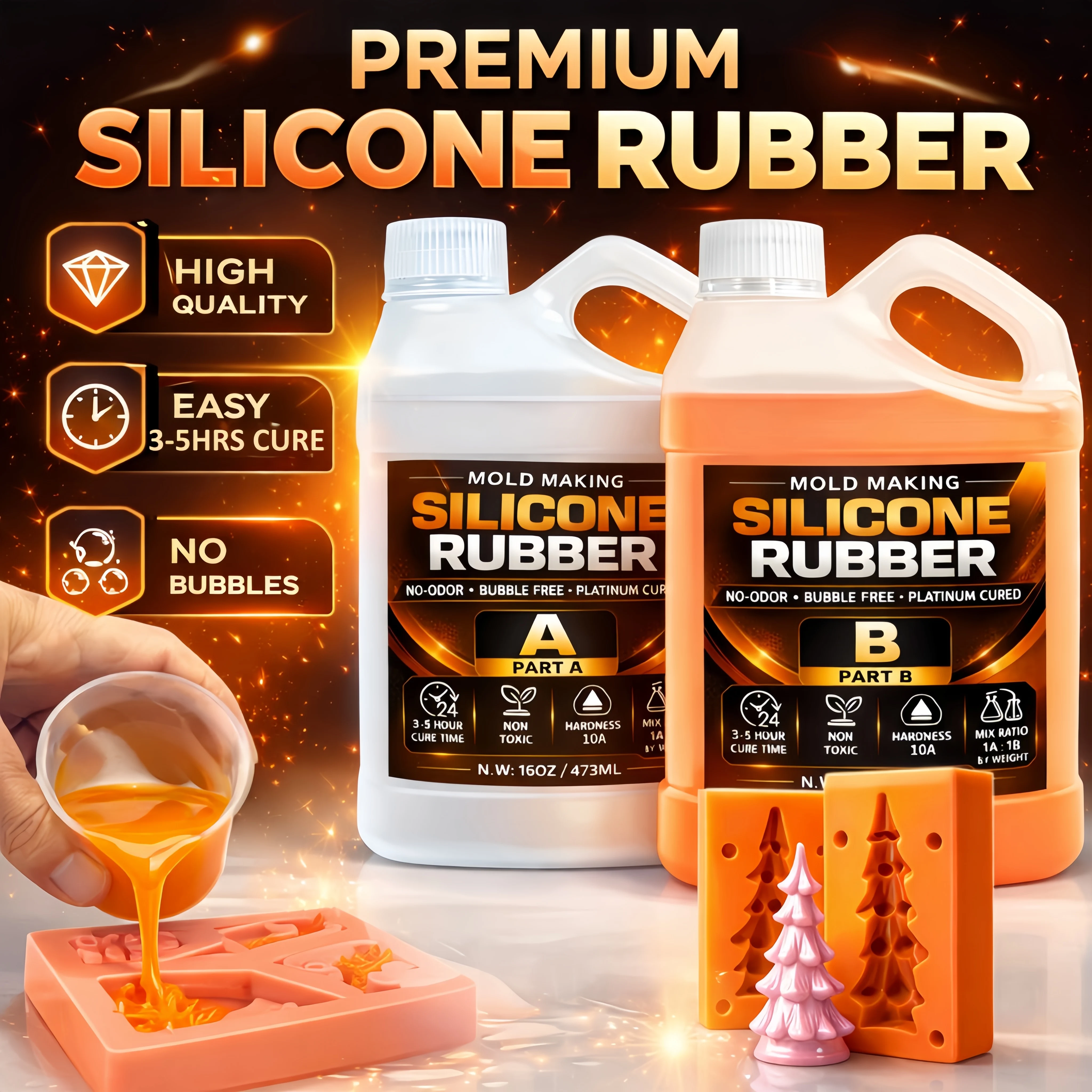 Silicone Mold Kit 1:1 Ratio - Fast, Non-Toxic, Bubble-Free, High Tear Resistance for Resin, Epoxy, Candle & Jewelry Casting