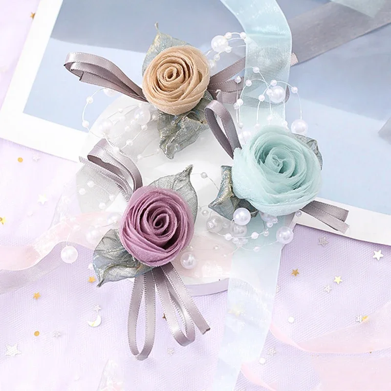 1PC Artificial Rose Bracelet Bride Wrist Flowers Bridesmaid Pearl Ribbon Corsage Hand Floral Chain Wedding Party Decoration Gift