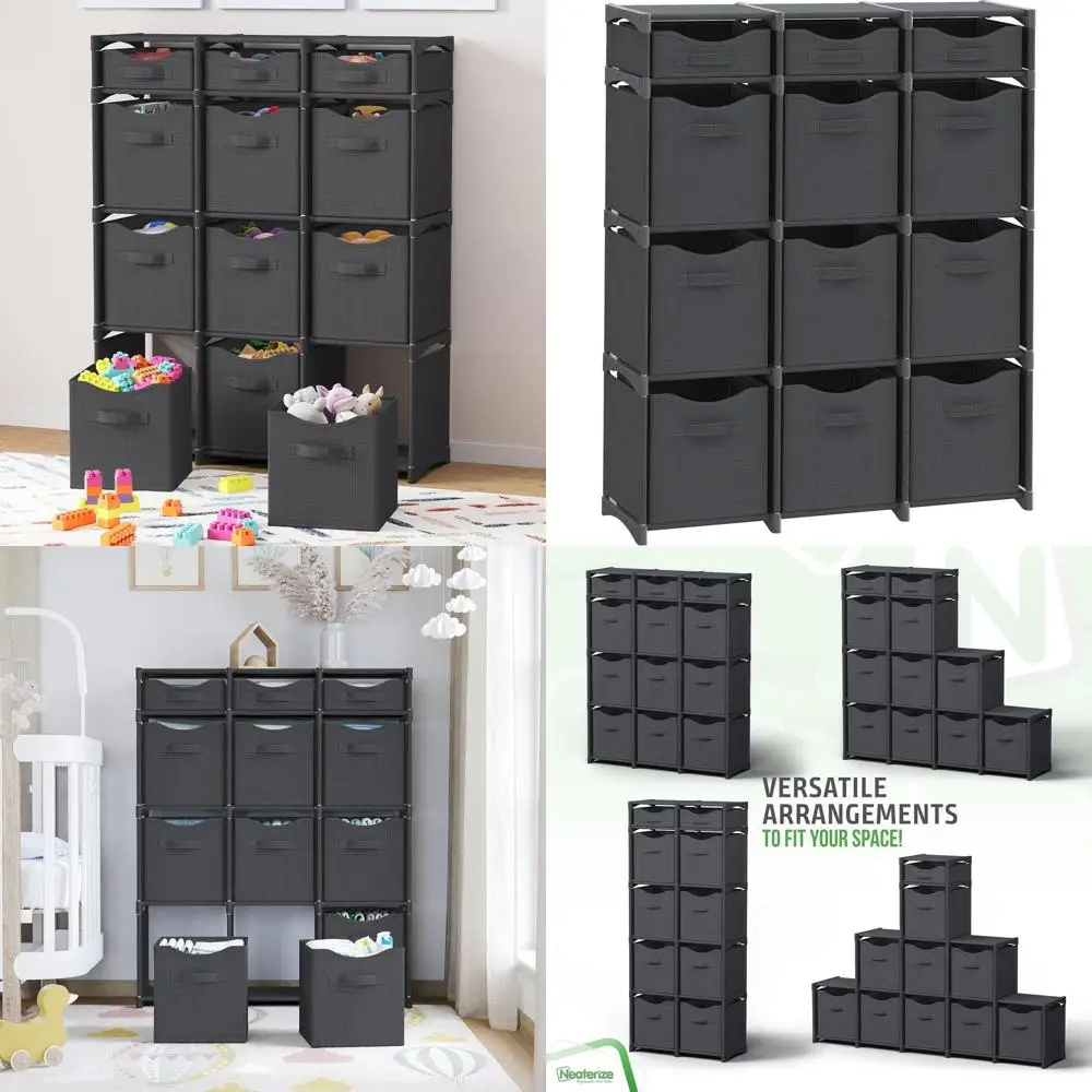 

Набор органайзеров из 12 кубов с контейнерами для хранения для шкафов, комнат и игровых комнат — простая сборка, серый