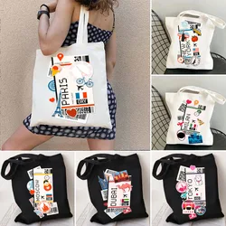 Paris Dubai New York Tokyo Munich Milan Moscow Berlin Ticket Boarding Pass Womens Girl Canvas Shoulder Tote Bag Shopping Handbag