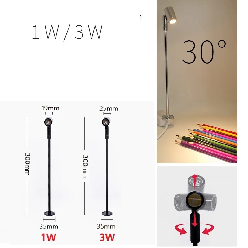 Led 1W 3W Desk Stand Pole Post Rotating Adjustable Spotlight Diamond Jewelry Display Counter Lamp AC110V 220V DC12V 24V USB 5V