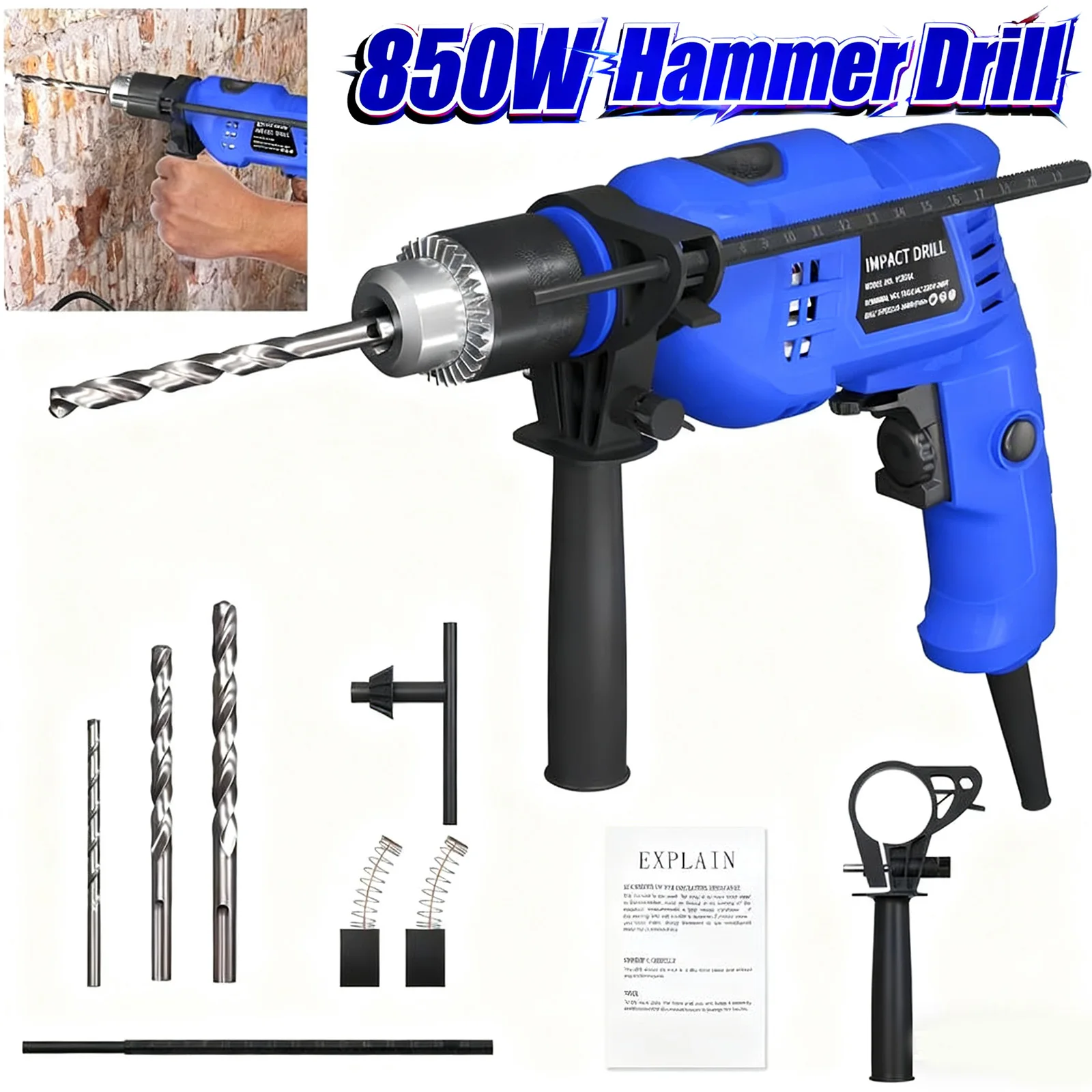 Marteau perforateur électrique filaire 850W avec jeu de forets, kit d'outils pour le bois, le béton, l'acier, vitesse variable 3000 tr/min
