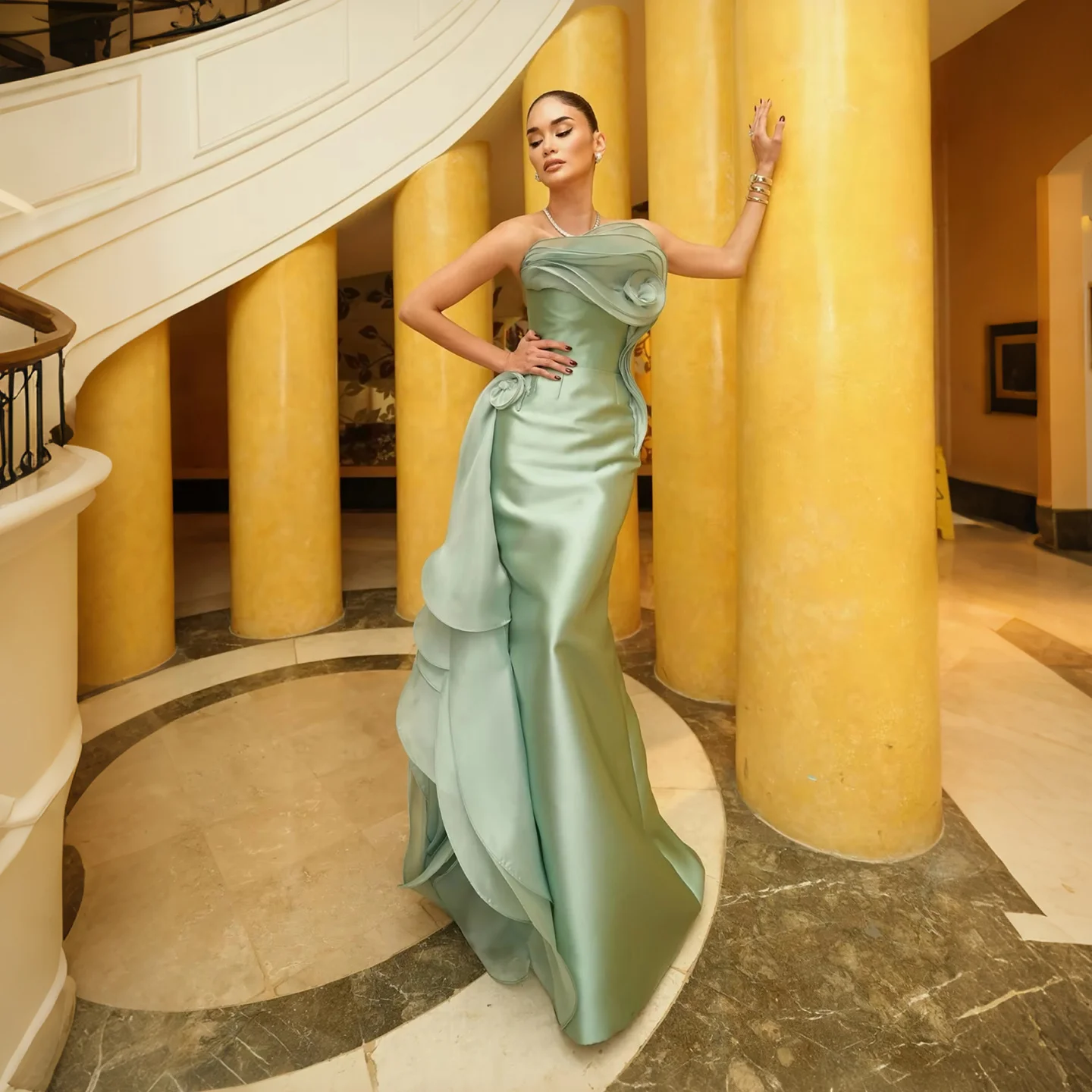 Sharon Said Sage Green Strapless Evening Dress Sculptural Draped Rosette Floor-Length Ruffle Formal Party Gowns SF209 Customized