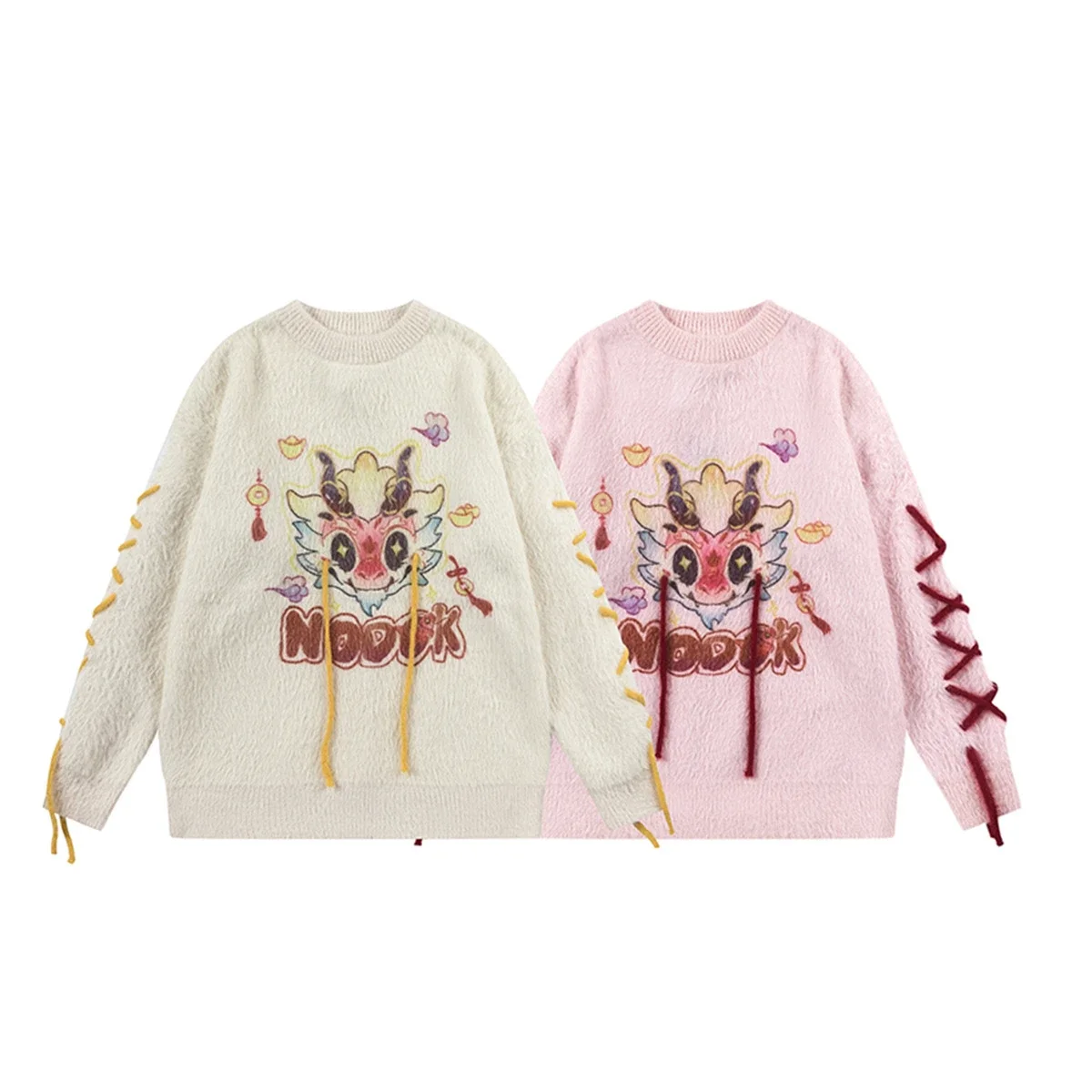 

Sweater Cartoon Chinese Loong Tie Decoration Loose Round Neck Pullover Lazy Arctic Sweater Coat