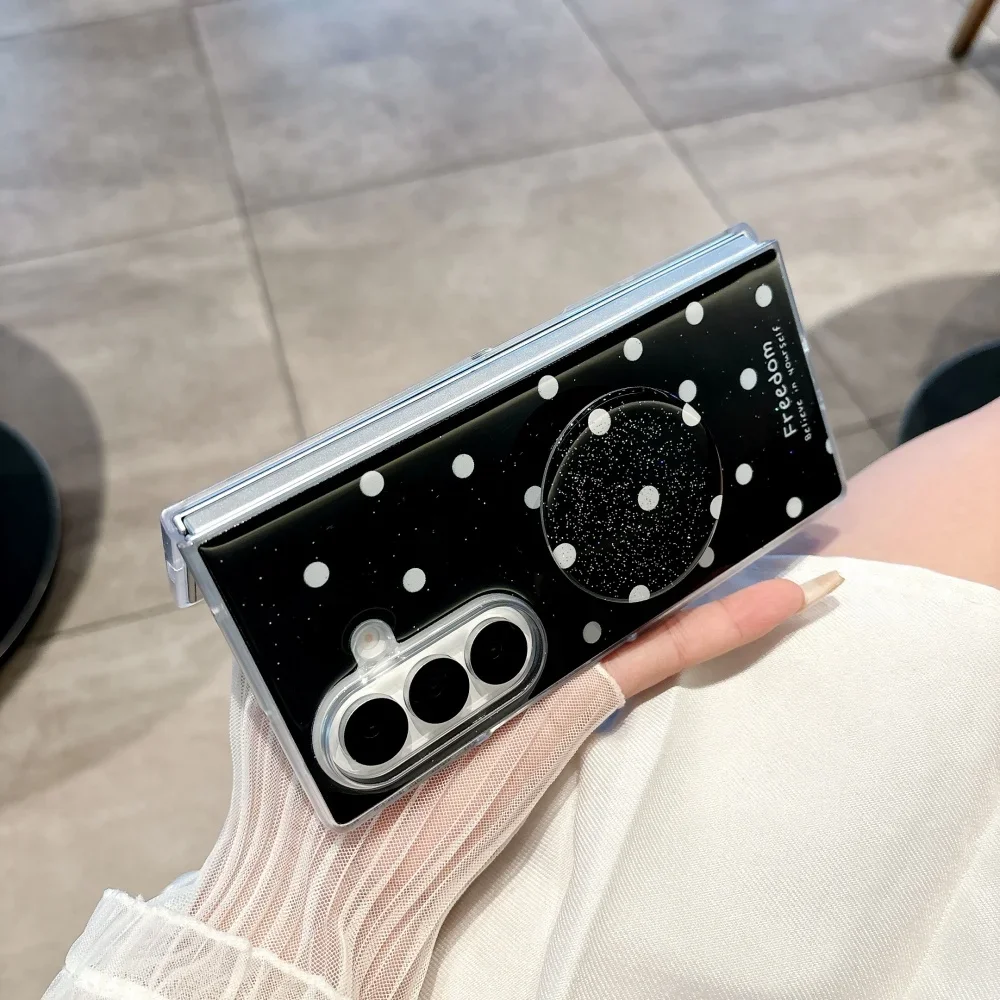 High-end Fashion Black Polka Dot Epoxy Phone Case for Samsung Galaxy Z Fold 7 6 5 4 Folding Stand Bracket Shockproof Soft Cover