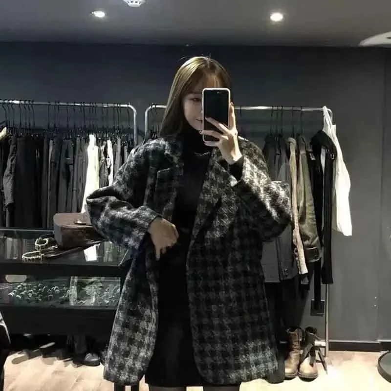 Fashion Houndstooth Faux Wool Jacket Women Korean Loose Elegant Double Breasted Suit Overcoat Winter Thick Warm Blend Outerwear