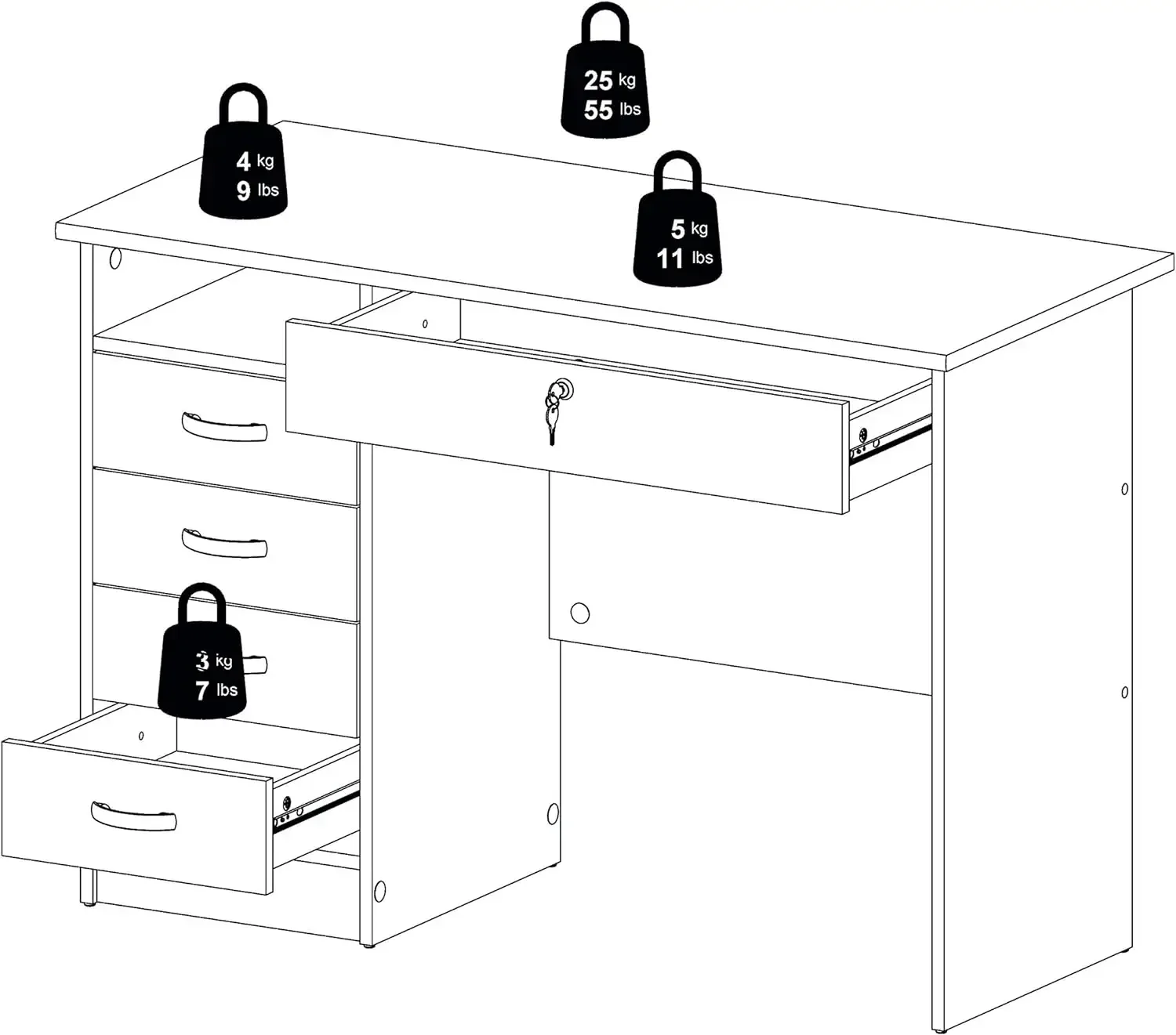 Modern simple office desk with 5 drawers, white color