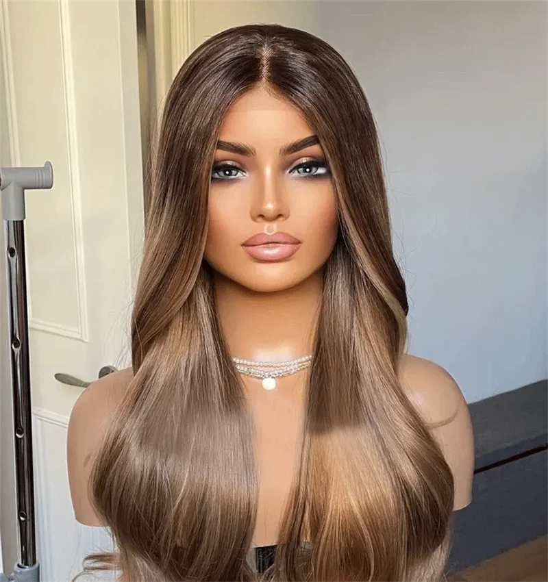 جذور داكنة العسل شقراء شعر مستعار طويل موجة طبيعية الاصطناعية الدانتيل الجبهة الباروكات واقعية نظرة الدانتيل أعلى الباروكات مقاومة للحرارة الاستخدام اليومي #5