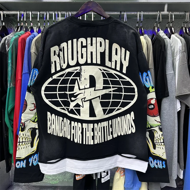 Rock Guitar Skeleton Print Rough Men's Long Sleeve T-Shirt Rhinestone Graphic Tee Distressed Streetwear Oversized Pullover