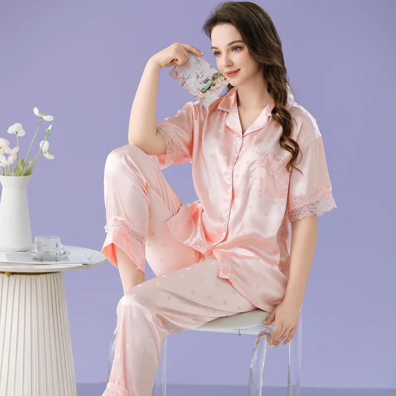 pink lace satin pajama sets 2 piece pants trouser ruffled lady outfit lounge women pijama sleepwear pajama nightwear pyjama