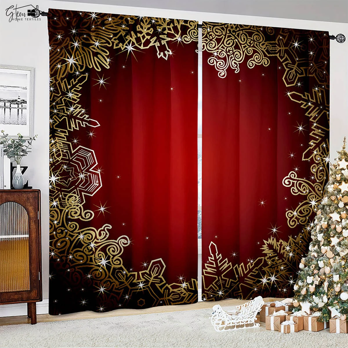 

Christmas Decoration Curtains Christmas Tree Santa Claus Gift Snowman Living Room Children's Room New Year Holiday Curtains 2PCS