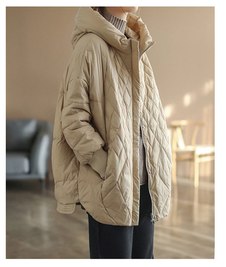 Schinteon Women Light White Duck Down Jacket Casual Loose Over Size Autumn Winter Outwear with Hood Coat 2024 New