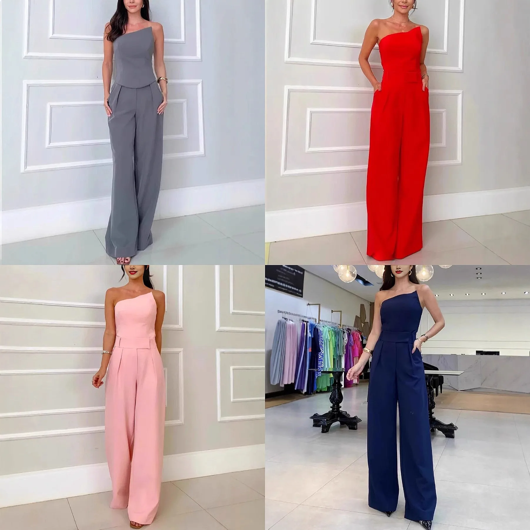 

Elegant Strapless Crop Top High Waist Wide Leg Pants Matching Set Jumpsuit Playsuit Spring Summer