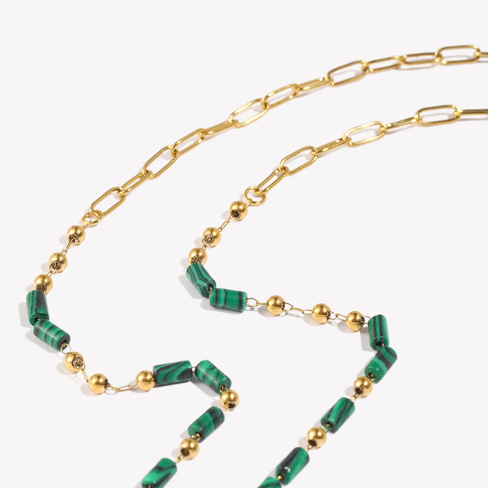 E.B.belle Geometric Clip Beads Green Cylinder Natural Stone Necklace PVD Plated Stainless Steel Women Party Basic Jewelry