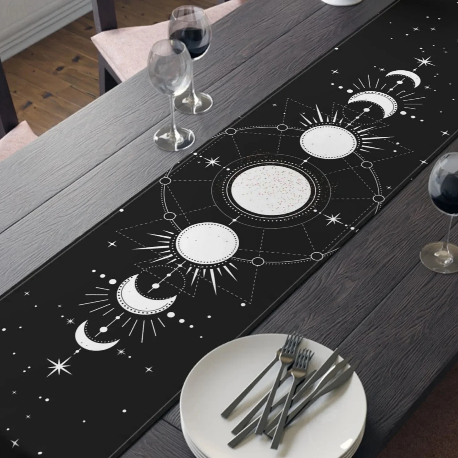 Table Runner Black Celestial Home Decor, Moon Phases Decoration for your Kitchen, Dark Academia Witchy Gift for Her