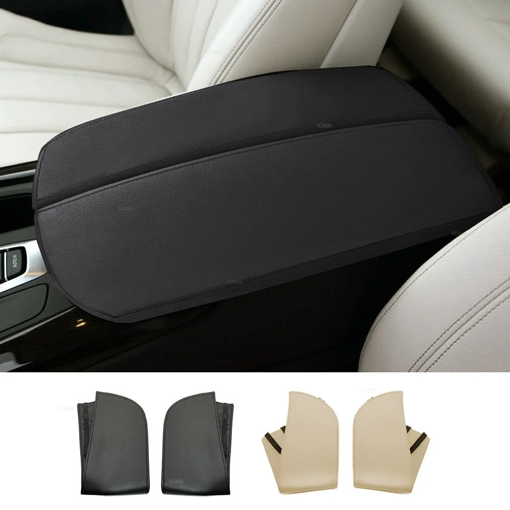 2PCS Beige Tan Leather Center Console Armrest Lid Cover Skin for BMW X5 2007-2013 Car Center Console Lid Armrest Leather Pack(2)