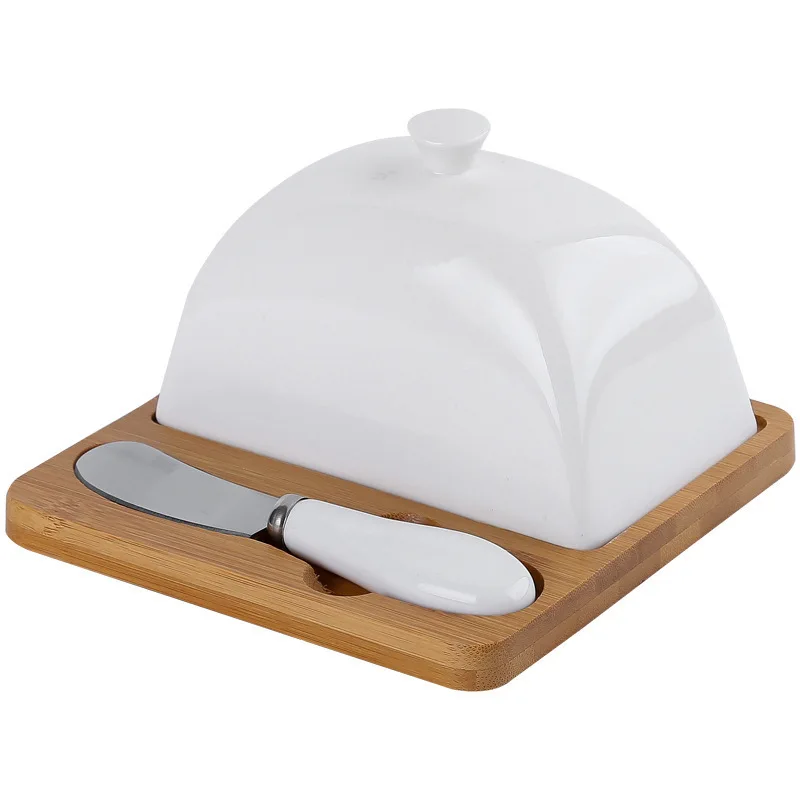 Ceramic Butter Dish Cheese Box Cheese Plate with Butter Knife Set with Cover Kitchen Utensils Wooden Butter Dish Ceramic Cover