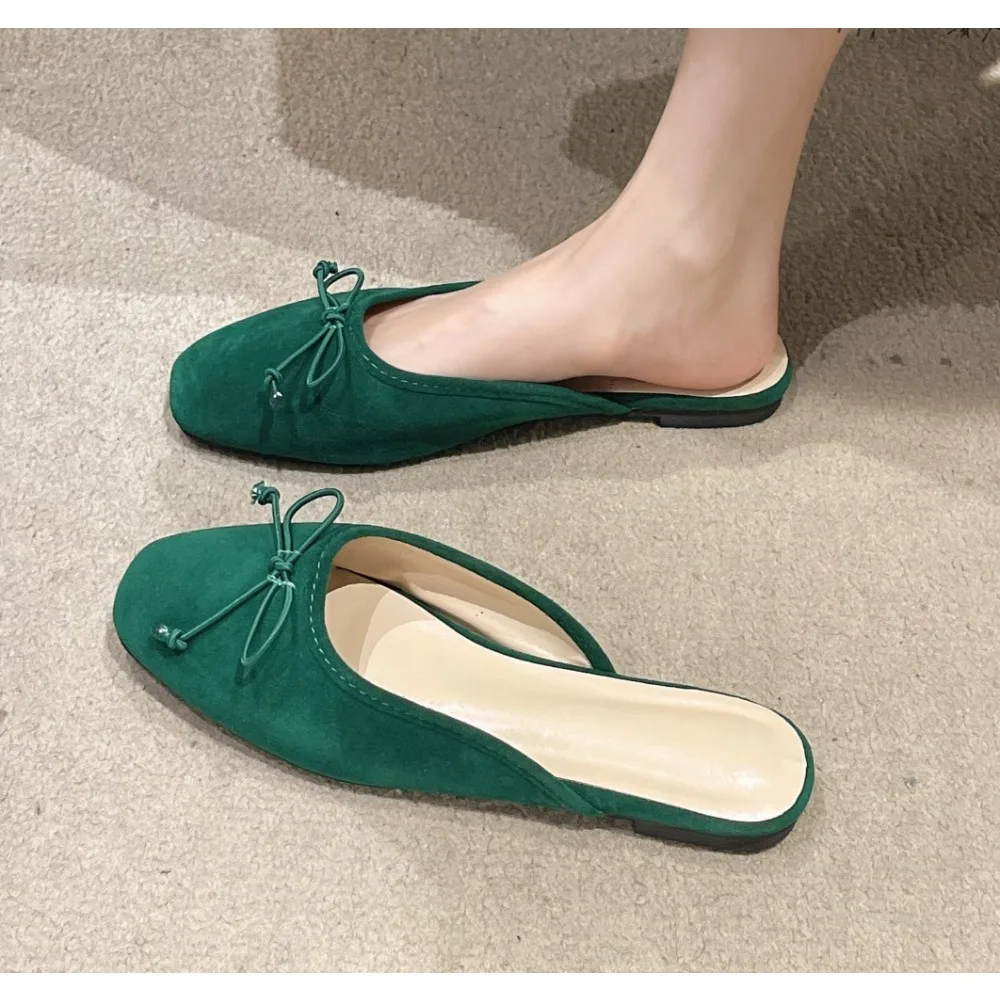 

New Flats Bow Sandals Summer Fashion Women Mules Shoes Designer Suede Pointed Toe Slippers Dress Casual Slingback Zapatos Mujer