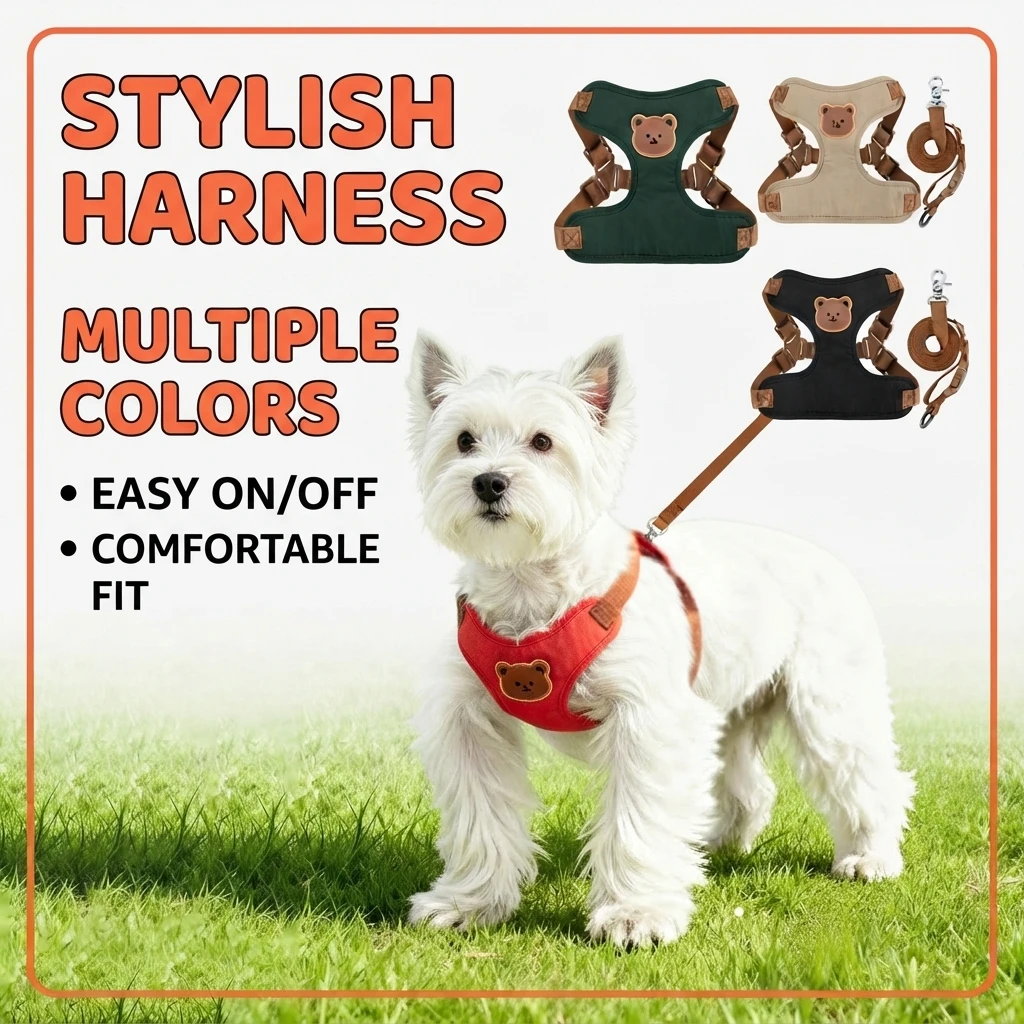 Stylish Bear Design Pet Harness Leash Combo, Comfort Airflow Mesh Dog Vest Harness, Quick Release Buckle Puppy Walking Accessory