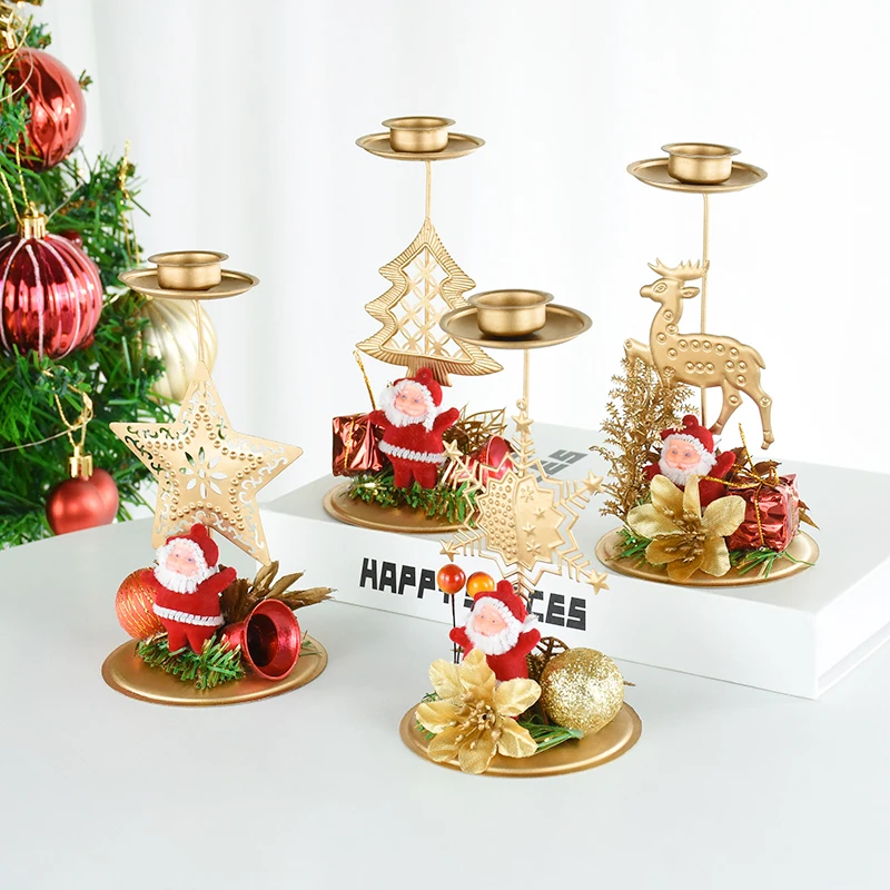 Christmas Iron Candle Holder Snowflake Candlestick Christmas Decorations Santa Claus Snow Deer Xmas Desktop Ornaments New Year