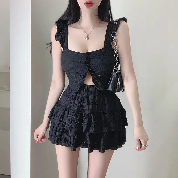 

Chic Wood Grain Design Sweet Youngening Set High Waist Puffy Cake Skirt Summer Fashion Women's Two-Piece Suit