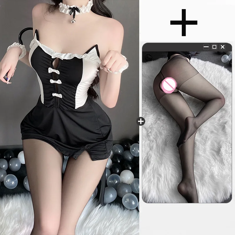 Lingerie Cat girl seduces revealing buttocks open gear no need to take off cosplay maid outfit fetish sexy womans costume xxx