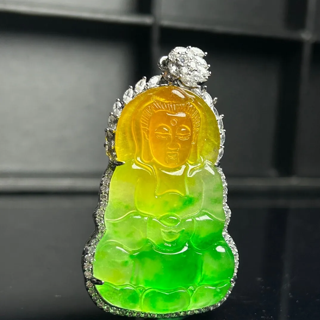 Certified Natural Green jade Jadeite inlay Avalokitesvara Pendant & Necklaces