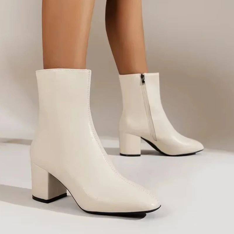 Womens Square Toe Ankle Boots Chunky Block Heel Side Zipper Short Boots Autumn Winter Daily Wear Faux Leather Botas Mujer