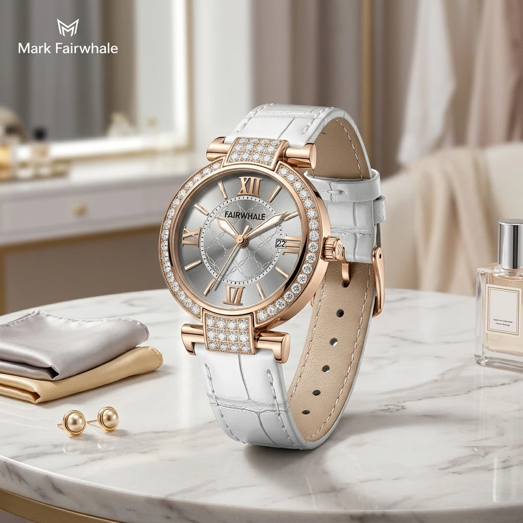 Mark Fairwhale Ladies Quartz Watch Round Roman Numeral Dial Date Window Full Rhinestone Bezel Leather Strap Female Wristwatch