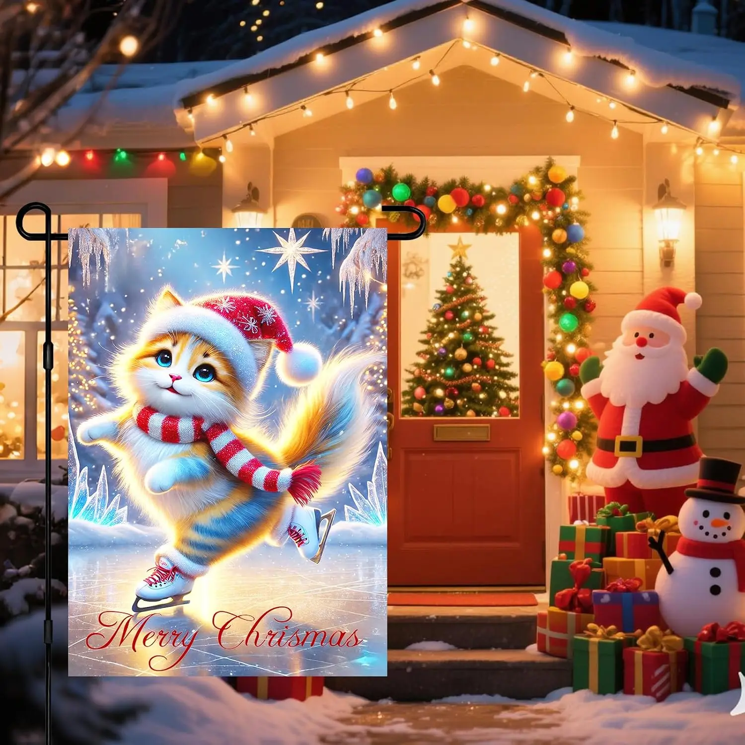 Christmas Garden Flag 12x18 Inch Skating Cat Yard Decor