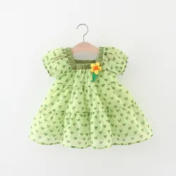 Girl's Dress Summer Baby Girl's 3D Flower Full of Little Love Printed Bubble Sleeves Princess Dress