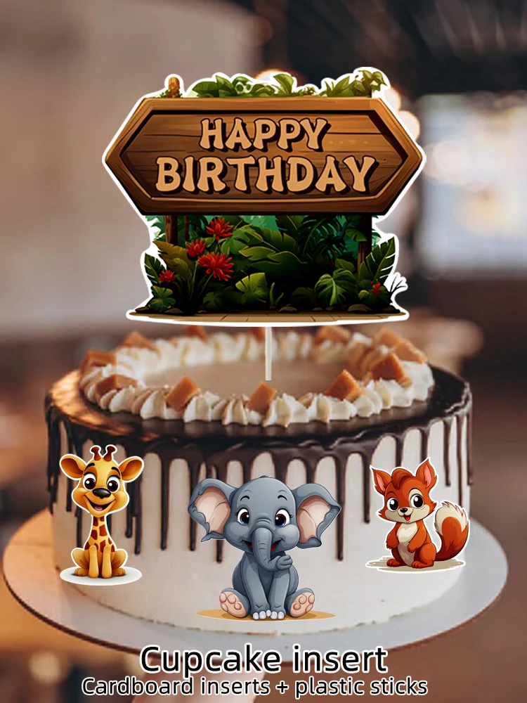Wald Löwe Giraffe Affe Elefant Kuchen Dekorationen Gras Blätter Dschungel Safari Party Supplies Junge Alles Gute zum Geburtstag Kuchen Topper – Detail 14