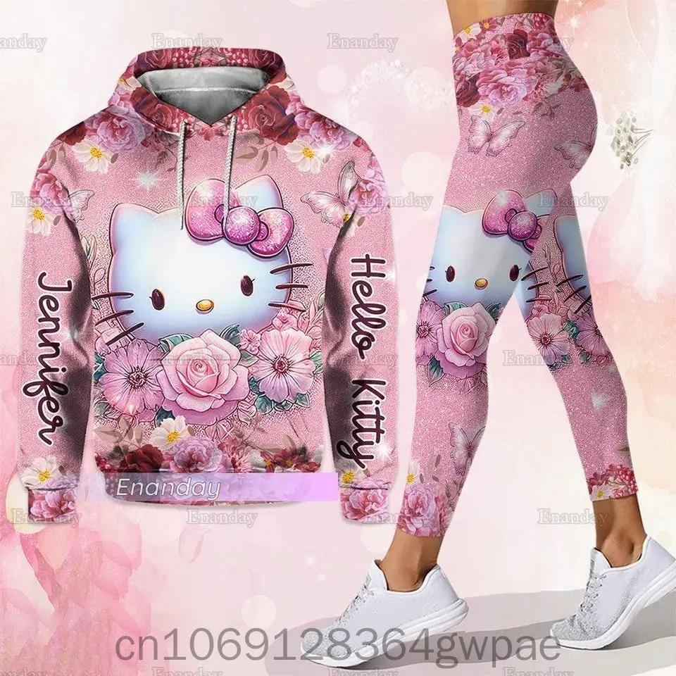 Free Custom Name Hello Kitty 3D Women\'s Hoodie and Leggings Suit Cute Hello Kitty Yoga Pants Sweatpants Fashion Sports Suit Set