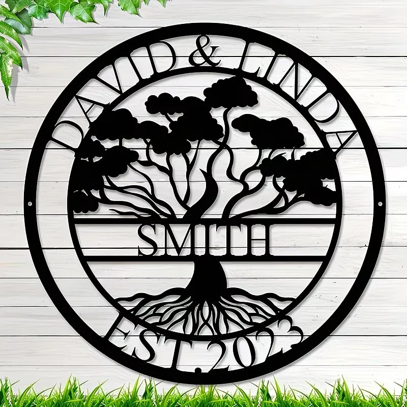 Custom Personalized Metal Tree of Life Sign - Modern Farmhouse Wall Decor, Monogram & Love Theme - Indoor/Outdoor Metal Art