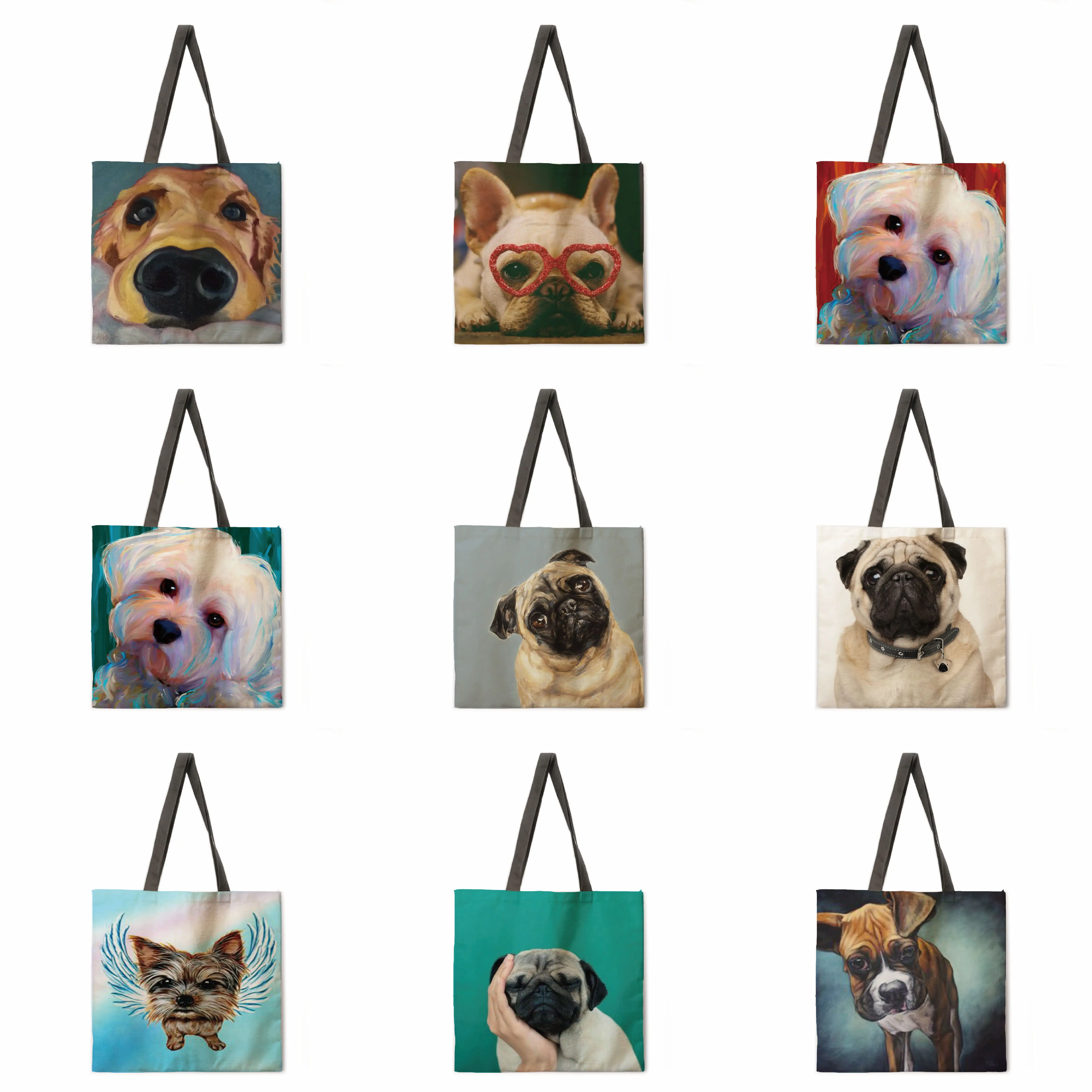 

Oil painting dog linen bag handbag shoulder bag large capacity environmentally friendly shopping bag handbag tote bag
