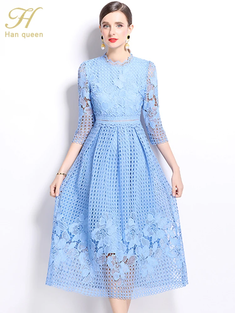 H Han Queen 2024 Autumn Casual Office Vestidos Simple Elegant Fashion Hollow Crochet Lace Dress Women A-Line Midi Party Dresses