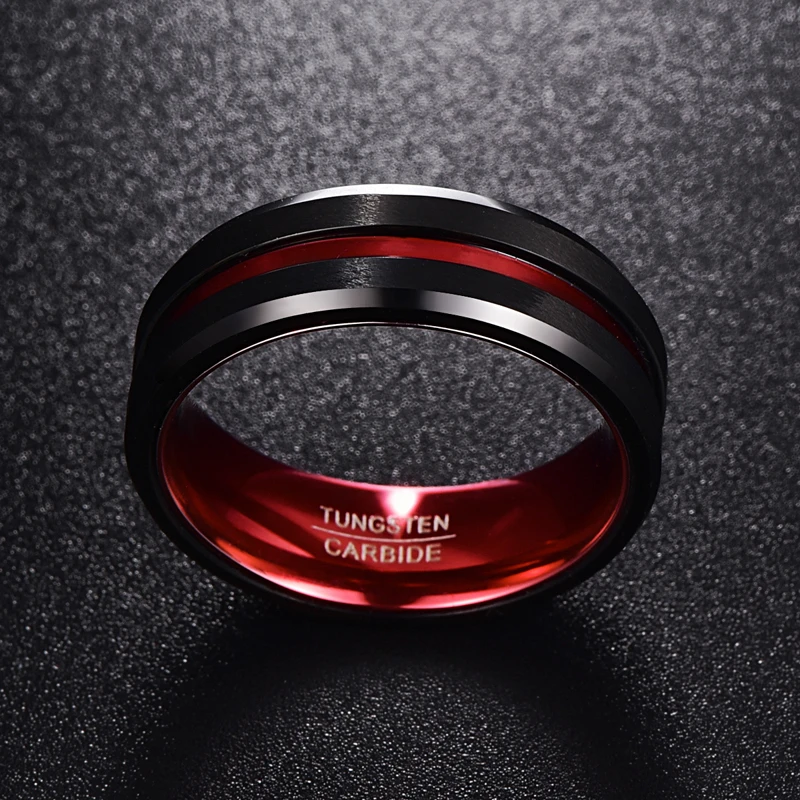 NUNCAD Hot Sell Men\'s 8MM Black and Red Tungsten Carbide Ring Matte Finish Beveled Edges Size 7 To 16 AAA Quality Jewelry T060R