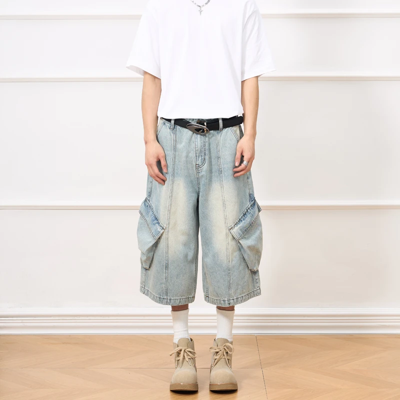 Men Summer Streetwear Fashion Loose Causal Washed Denim Calf-length Cargo Jeans Pants Women Y2k Baggy Jeans Trouser