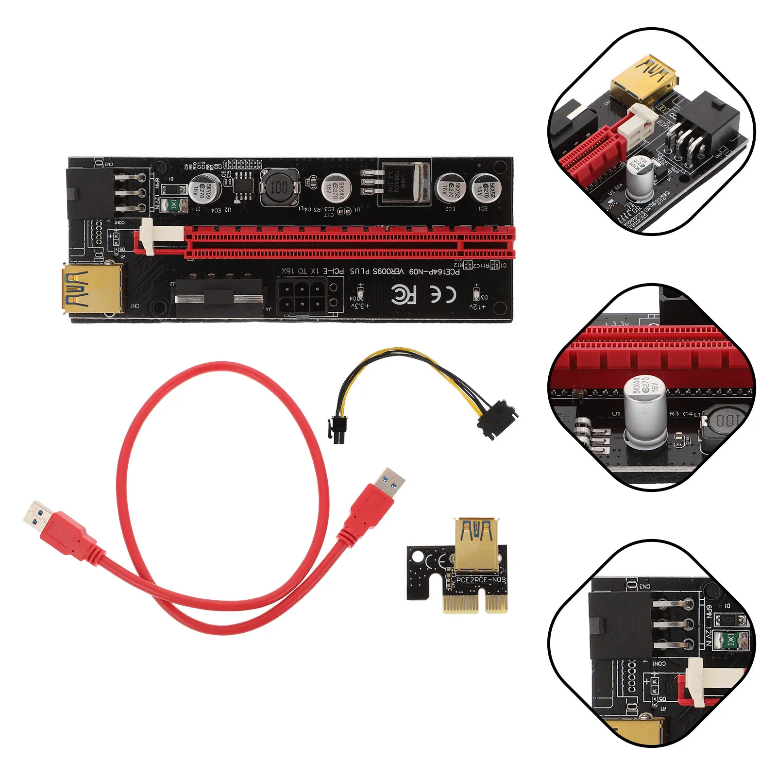 1 Juego de Adaptador Extensor Riser PCI-E 1X a 16X con Entrada de Alimentación de 6 Pines 12V DC-DC, Cable de Minería GPU Estabilizado con Refuerzo y Cable Blindado Fijo