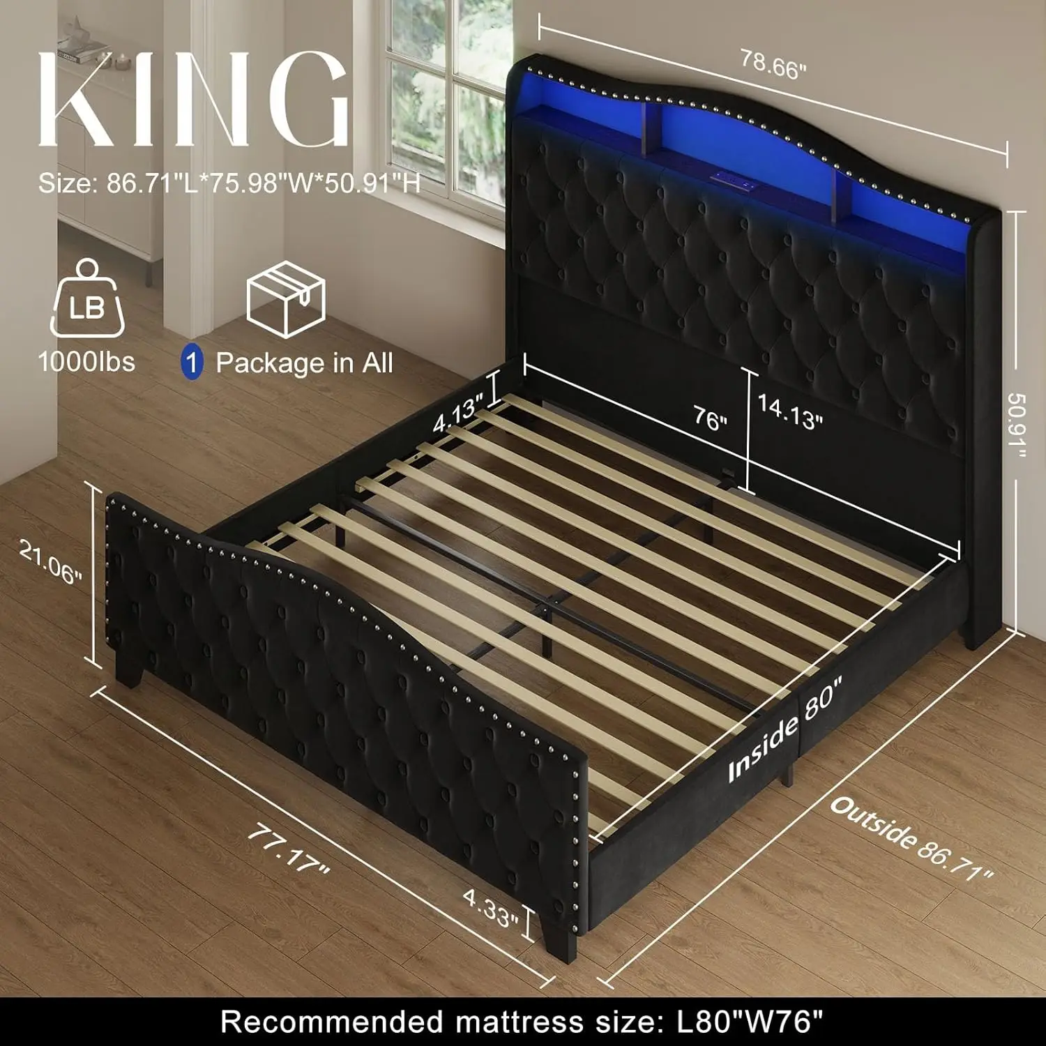 King Size Bed Frame and Headboard, 50.9