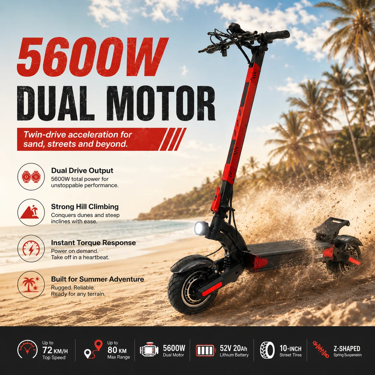 

All-Terrain Foldable Electric Scooter Beach Ready US Stock 10" Off-Road Tires 5600W Motor Long Range E-Scootert for Adults