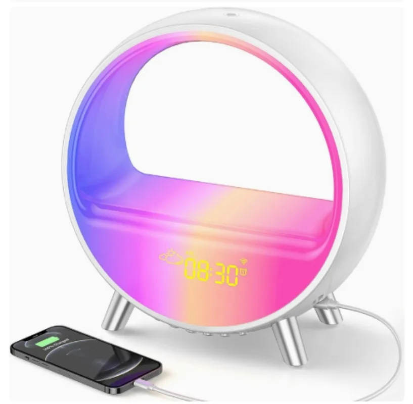 Desktop Bluetooth Speaker Alarm Clock, LED Sunset Wake Up Lamp Romantic Ambient Light Bedroom Decor Gift for Kids Couples